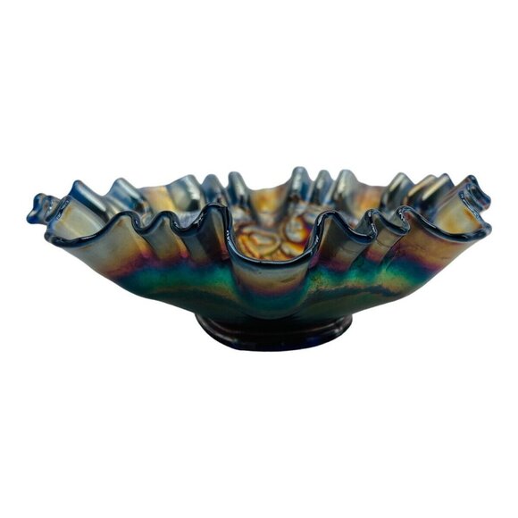 Antique Fenton Carnival Glass Heart & Vine Bowl Iridescent Ribbon Peacock Blue - Picture 6 of 10